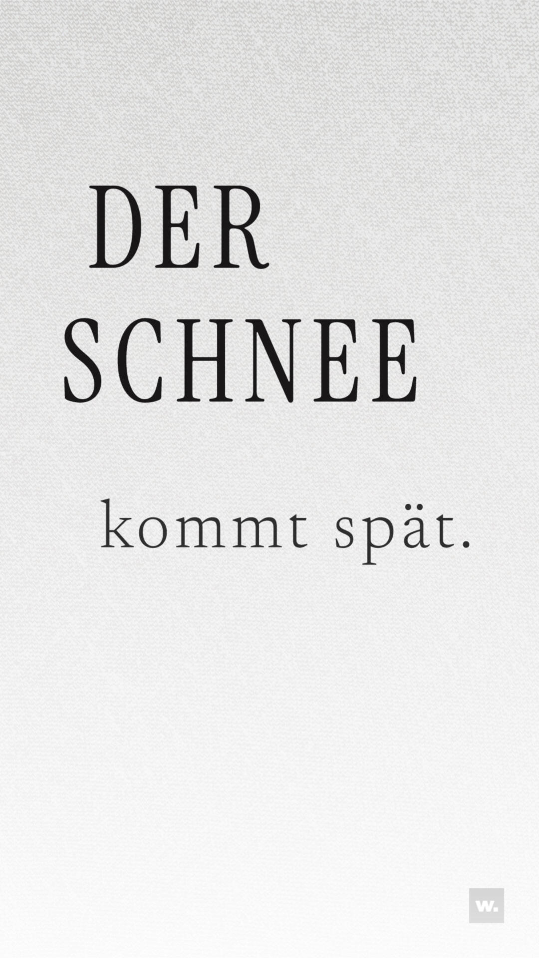 Schlichte Buchseite auf hell strukturiertem Papier mit dem Titel „DER SCHNEE kommt spät.“ in schwarzer Serifenschrift und kleinem war nötig.-Logo unten rechts.